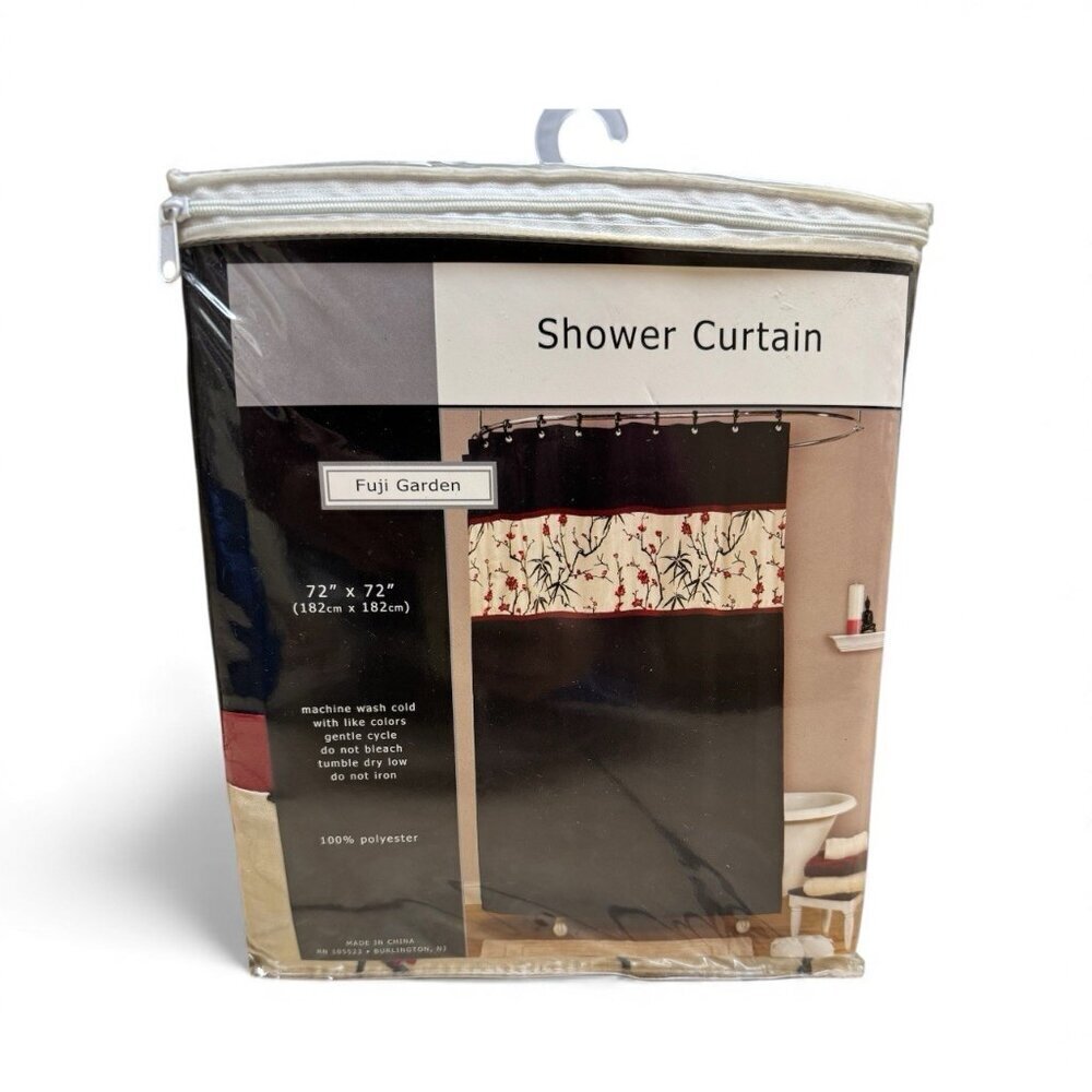 Fuji Garden Shower Curtain 72x72 Black Red Beige Floral New in Package